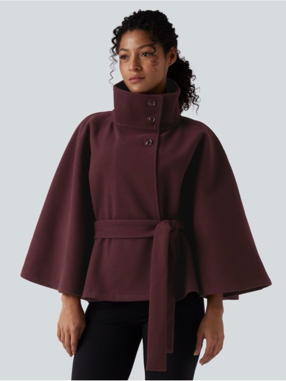 High-neck Long Sleeve Belted Work Cape coat